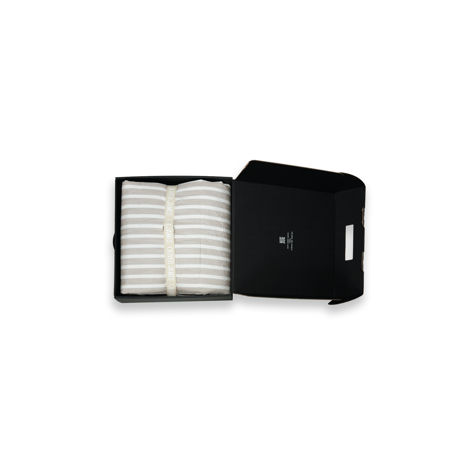 A double white and beige stripe inflatable luxury pool float lounger cover folded in black box box with a belt, card and pump.