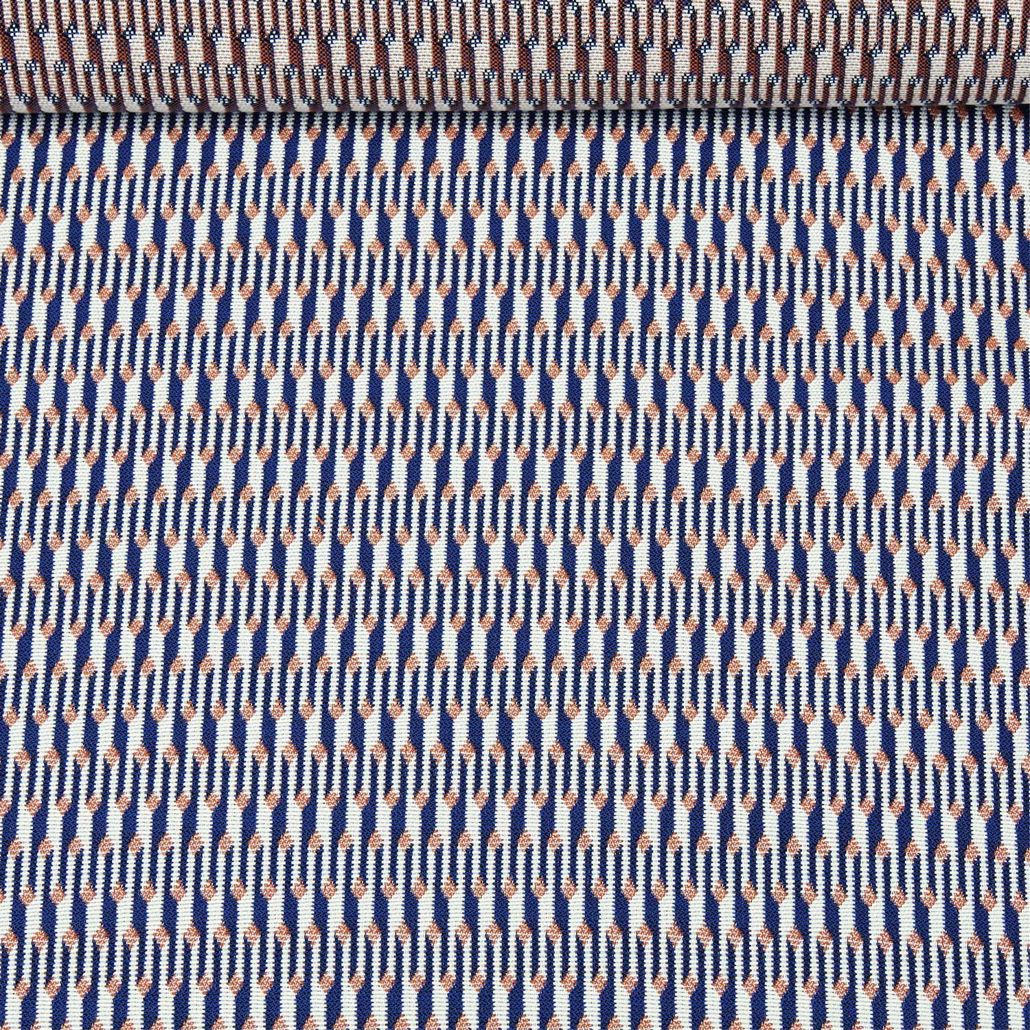 A birds eye view of a jacquard woven blue, white and orange pattern outdoor performance fabric roll. 