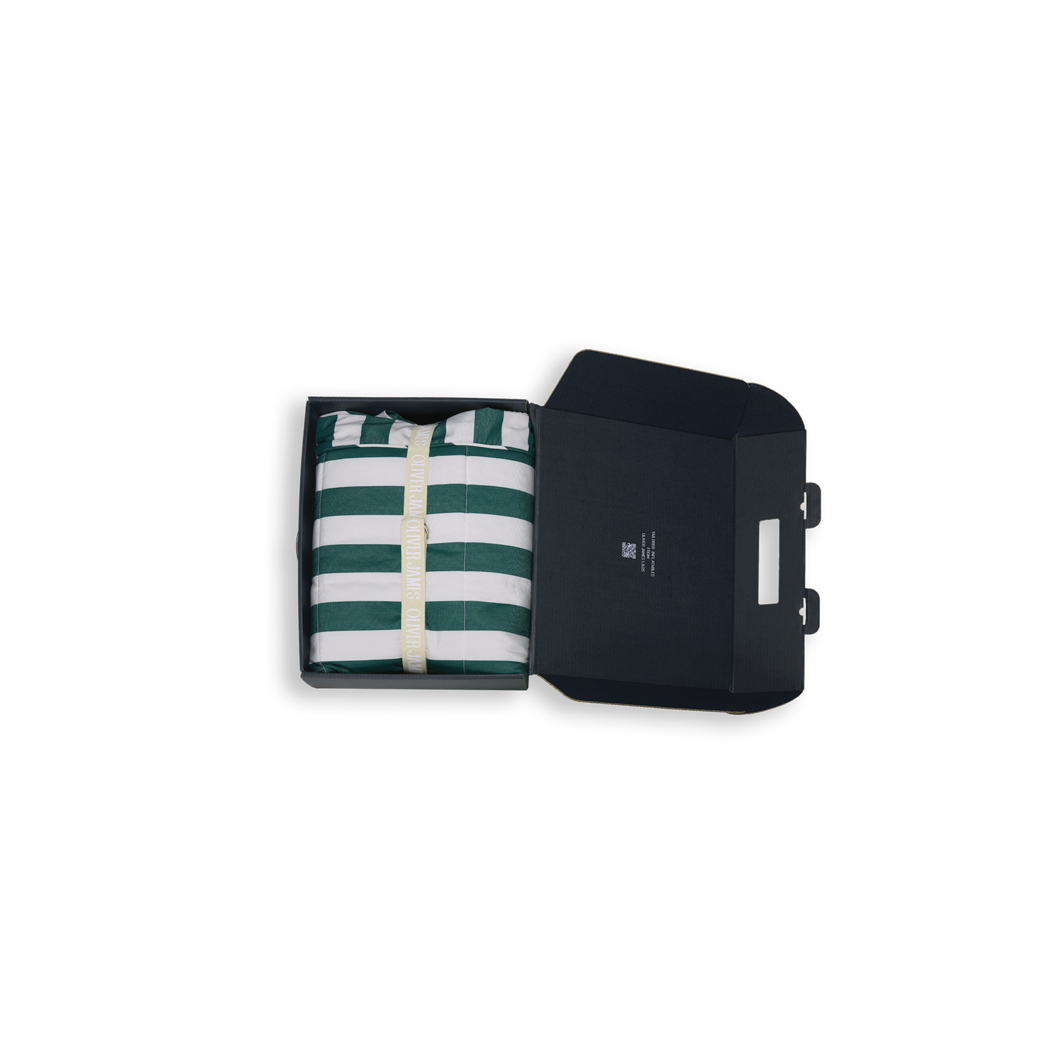 A single green and white stripe inflatable luxury pool float lounger cover folded in black box box with a belt, card and pump.