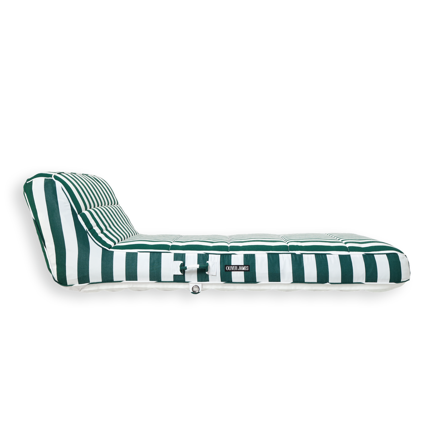 The side profile and backrest angle of a double green and white stripe luxury pool float.