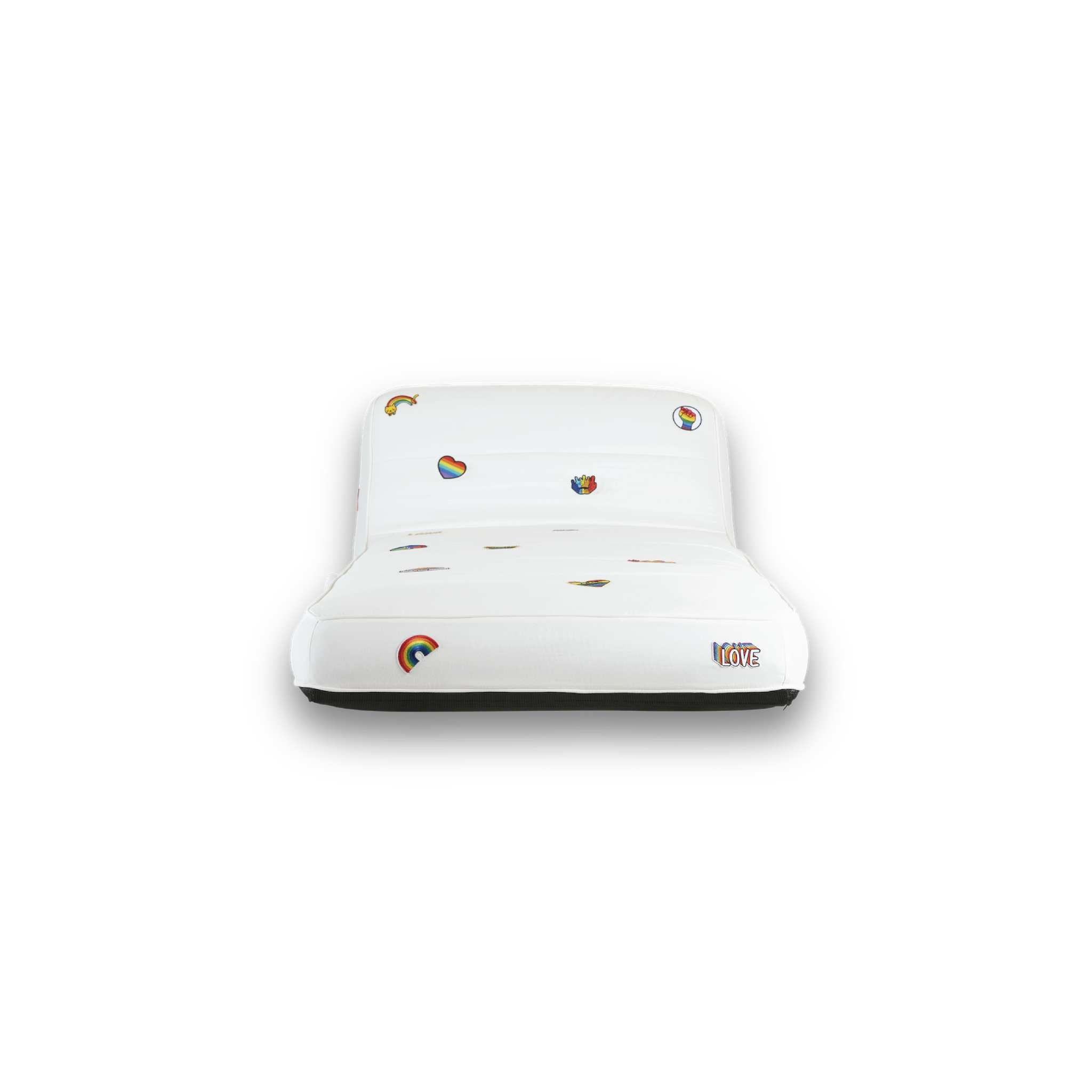 The front profile of a single white luxury pool float with LGBTQ patches.