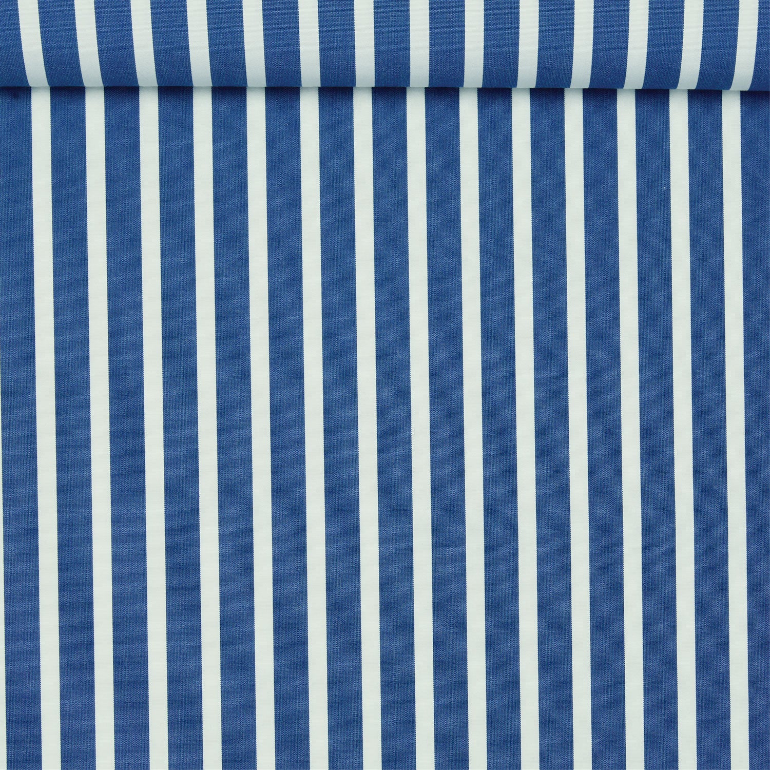 A birds eye view of a jacquard woven white and blue stripe pattern outdoor performance fabric roll. 