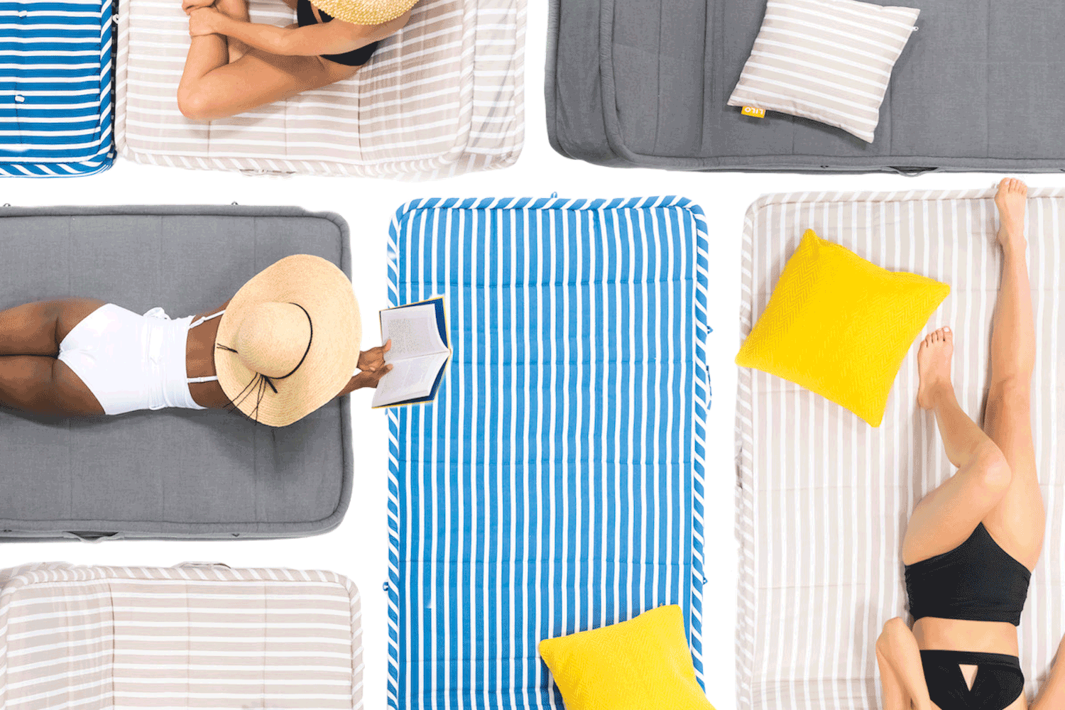 A birds eye view photos of three women relaxing and reading atop 7 luxury pool floats.