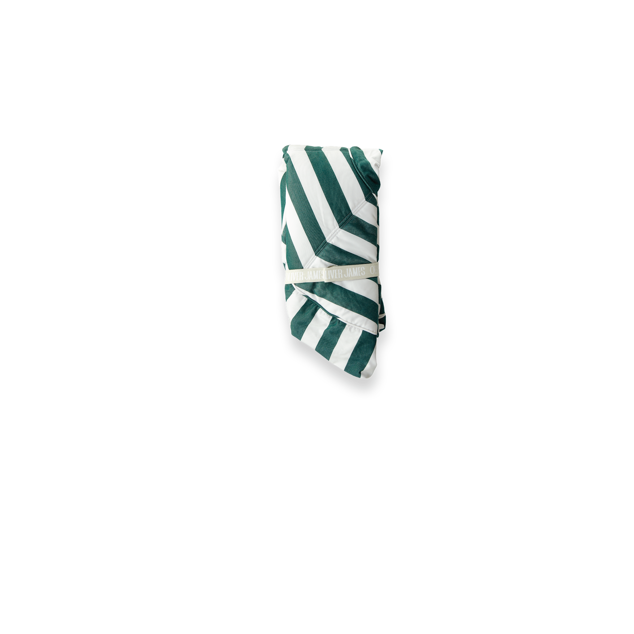 A front view of a luxury pool float hanging in a green and white stripe colored fabric.