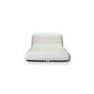 The front profile of a single beige and white striped luxury pool float.