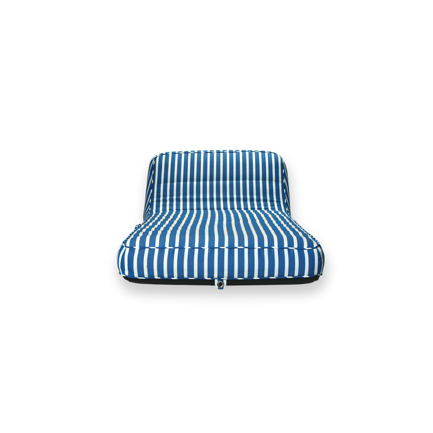 The front profile of a single blue and white striped luxury pool float.