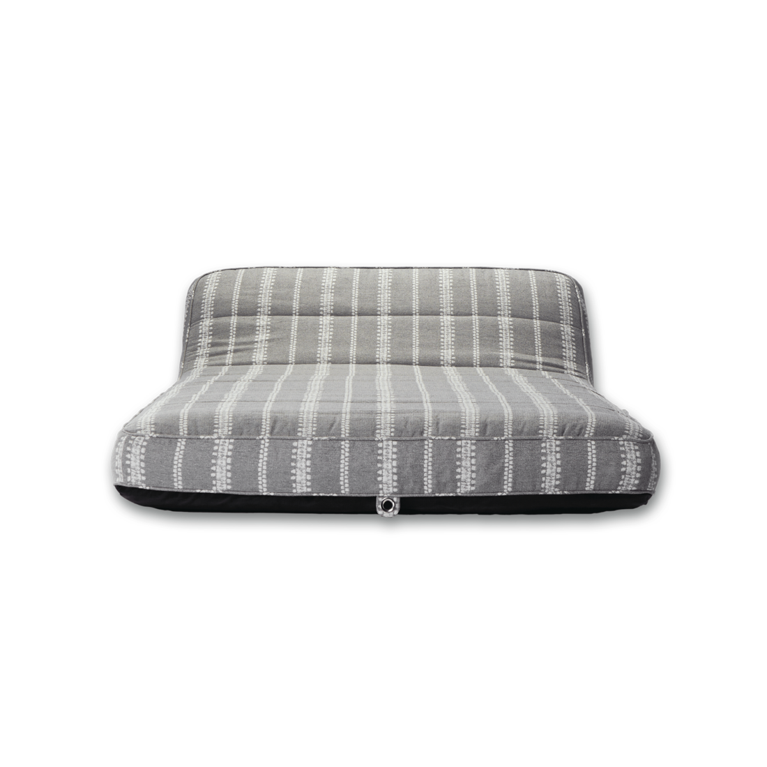 The front profile of a single grey and white striped luxury pool float.