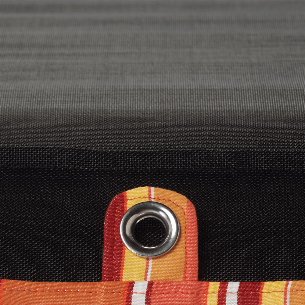 An upside down orange and white striped luxury pool float lounger displaying the zipper, base and stitching.