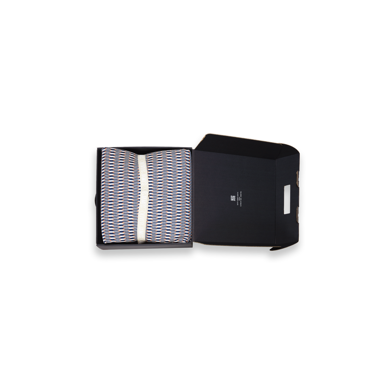 A double red, white and orange inflatable luxury pool float lounger cover folded in black box box with a belt, card and pump.