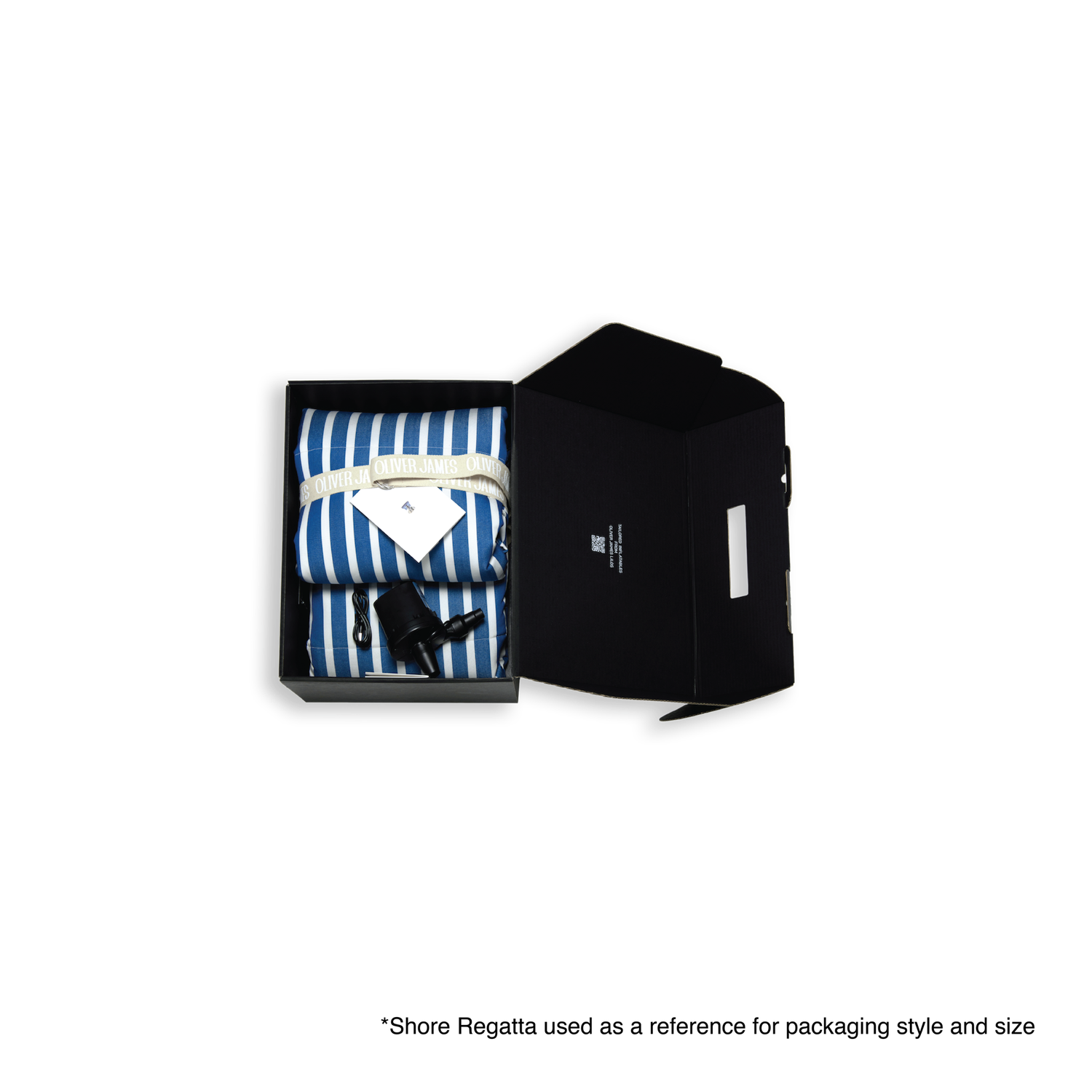 A blue and white stripe pool float for an adult in a box displaying the size and packaging.