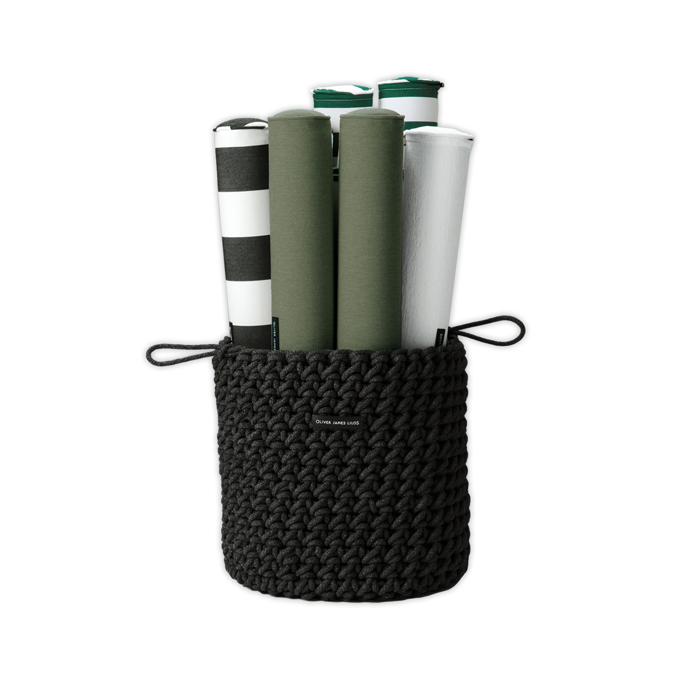 A hand-woven black rope basket containing luxury pool float Hammocks.