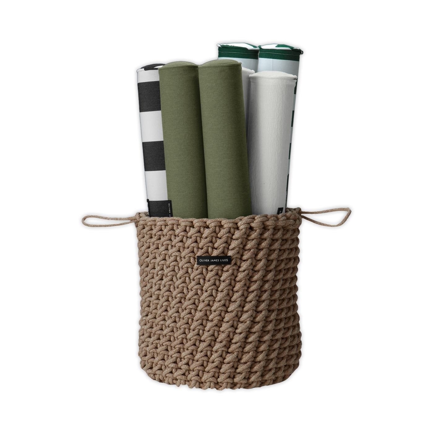 A hand-woven brown rope basket containing luxury pool float Hammocks.