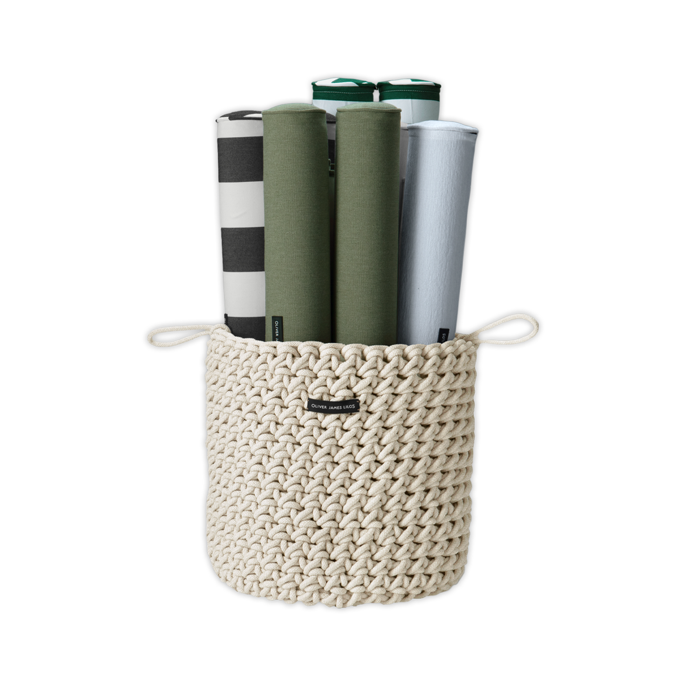 A hand-woven white rope basket containing luxury pool float Hammocks.