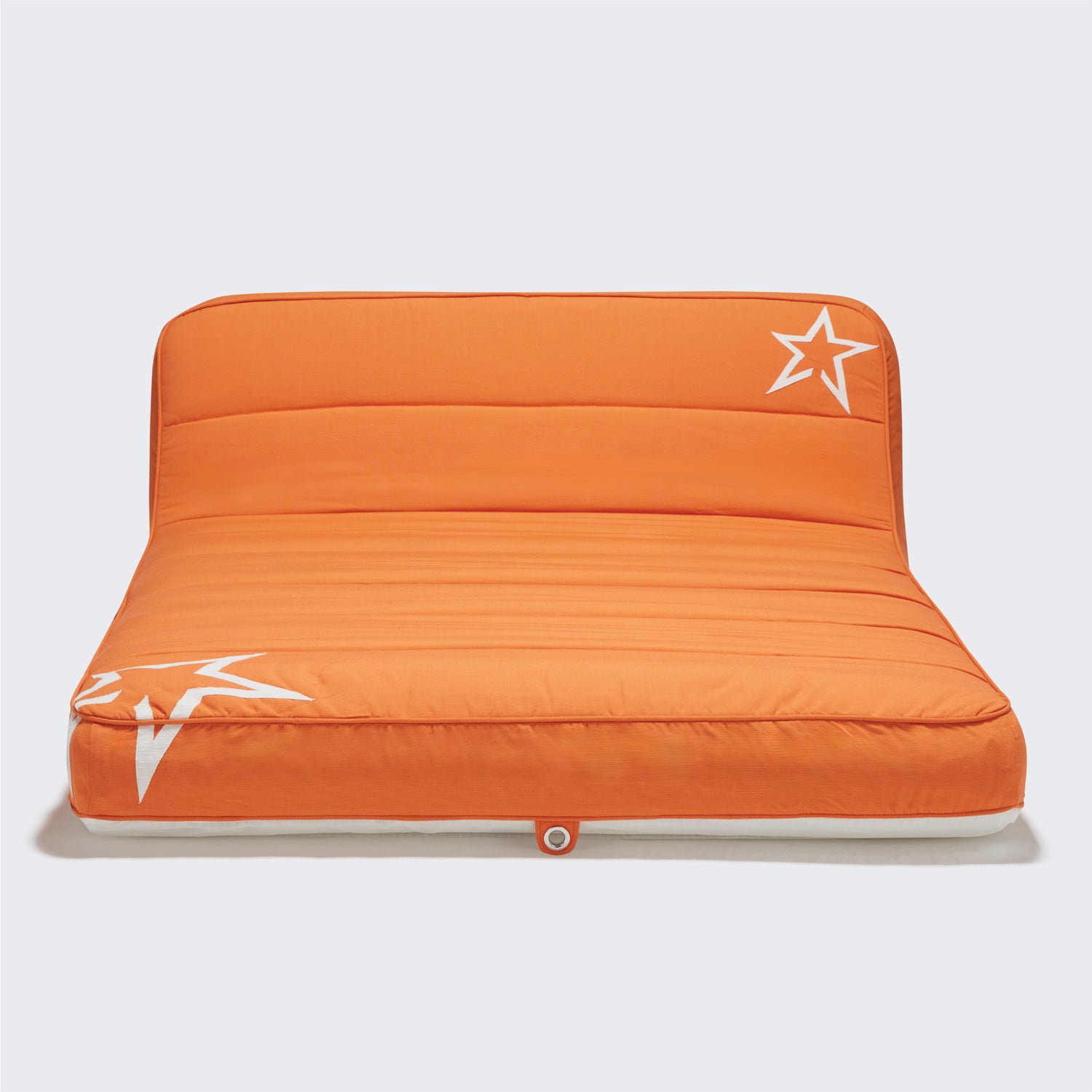 Deep-etched of a luxury orange pool float double on white background.