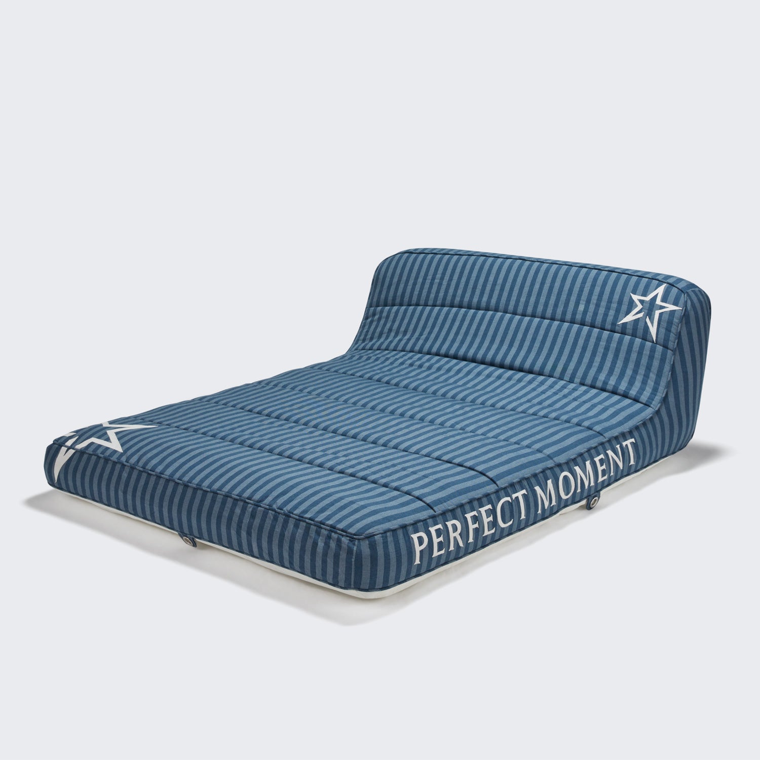 Deep-etched of a luxury denim pool float double on white background.