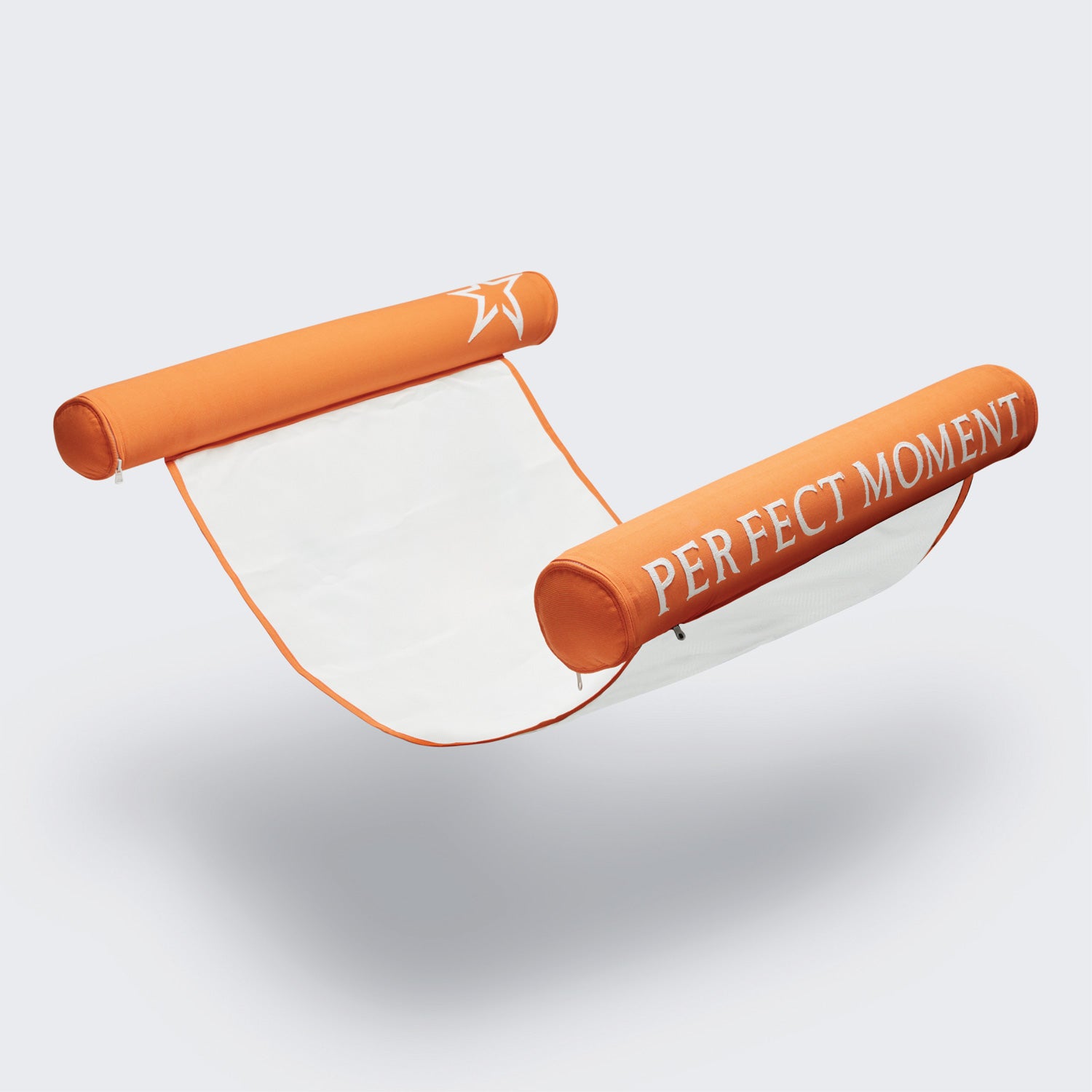 Deep-etched of an orange luxury pool float hammock on white background.