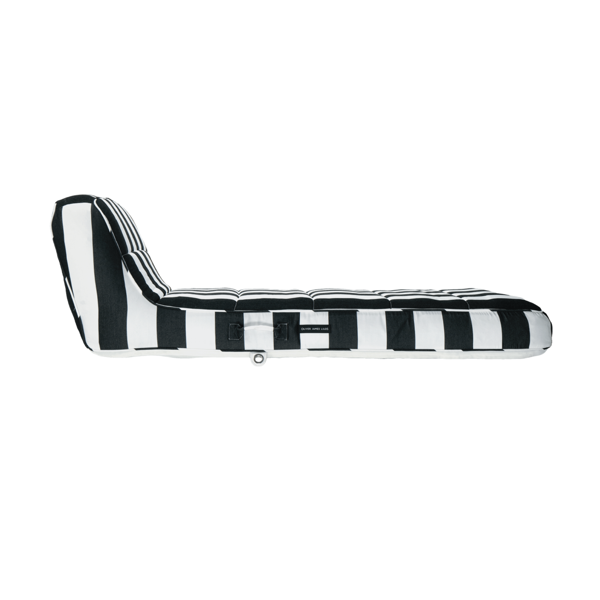 The side profile and backrest angle of a single black and white striped luxury pool float.