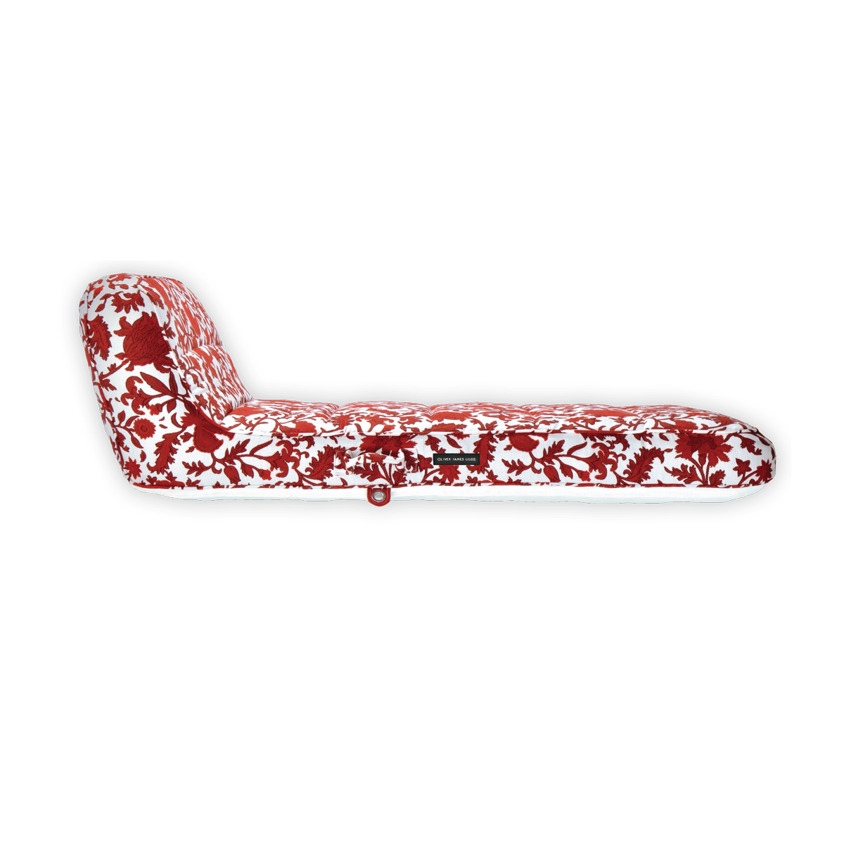 The side of a luxury pool float in a red and white patterned fabric.
