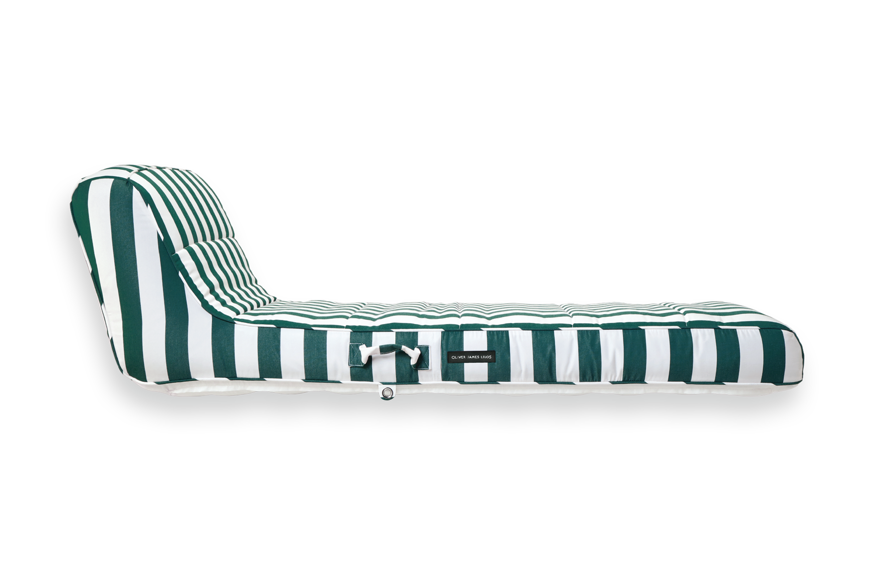 The side of a luxury pool float in green and white stripe fabric.