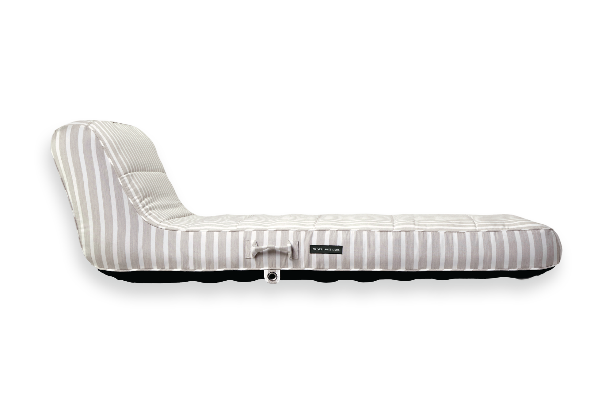 The side of a luxury pool float in white and beige striped fabric.
