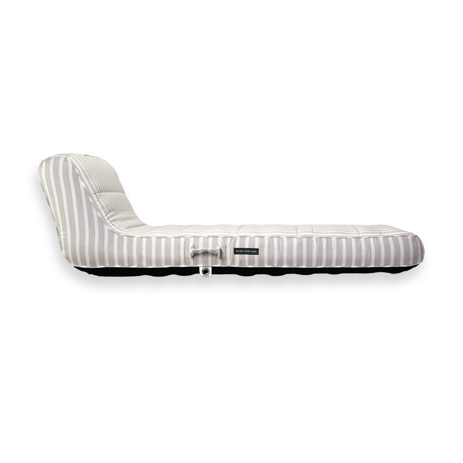 The side of a luxury pool float in white and beige striped fabric.