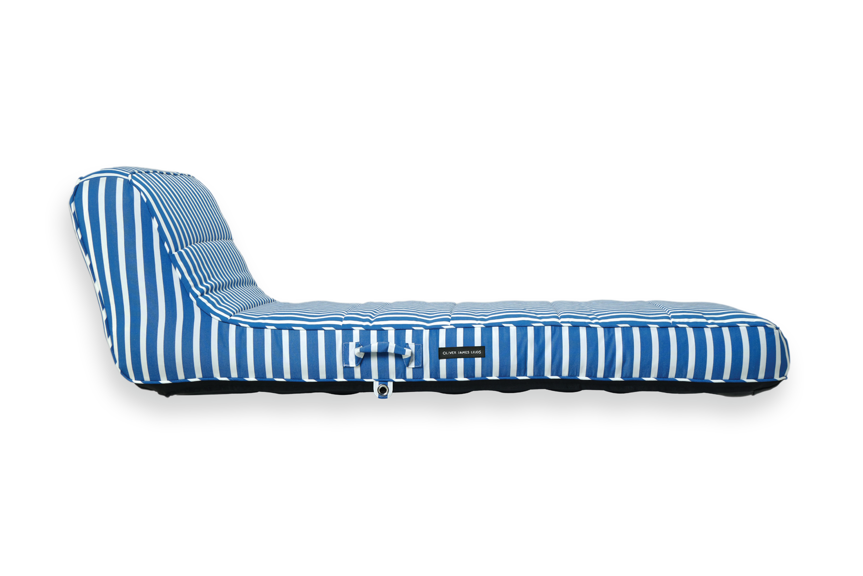 The side of a luxury pool float in a blue and white striped fabric.