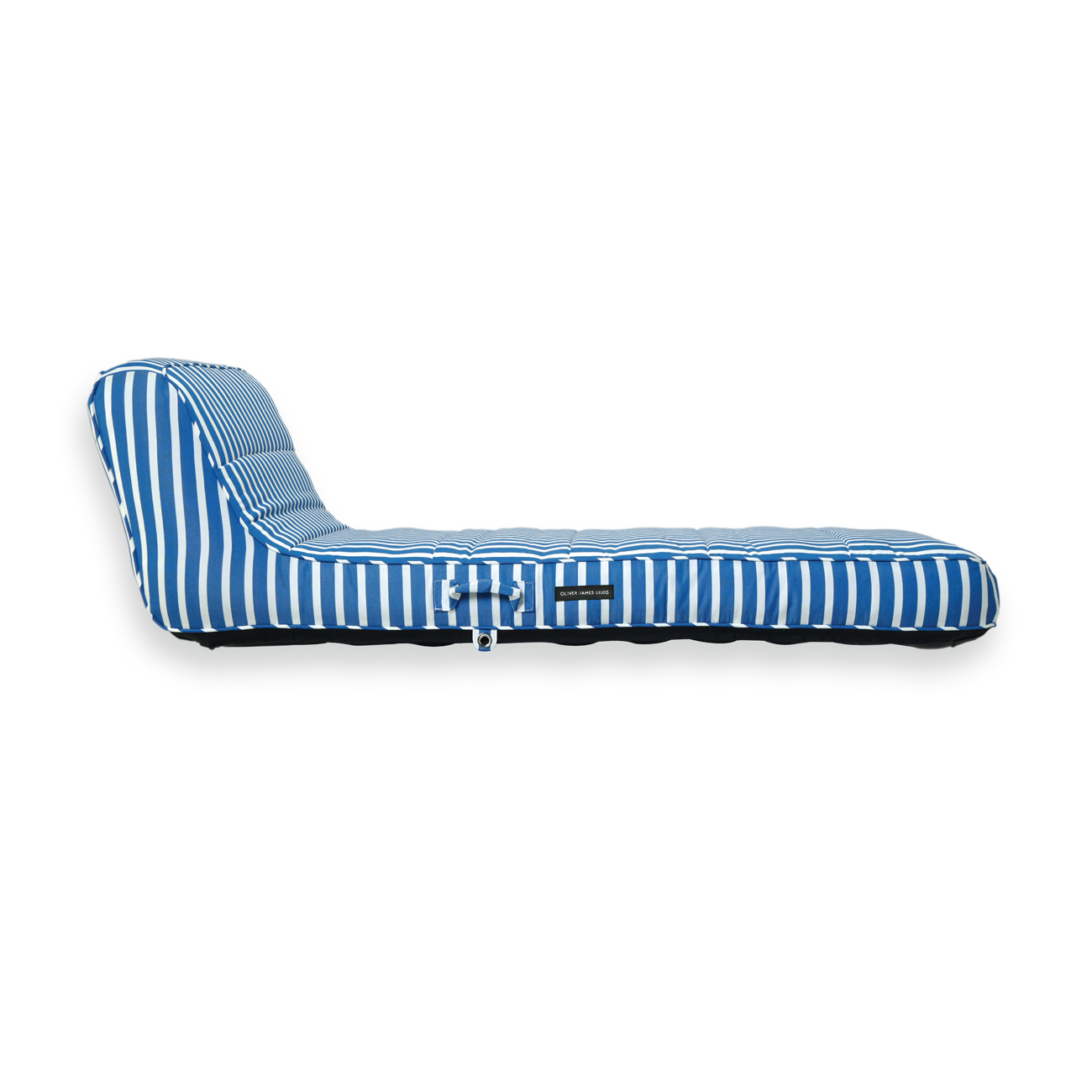 The side of a luxury pool float in a blue and white striped fabric.