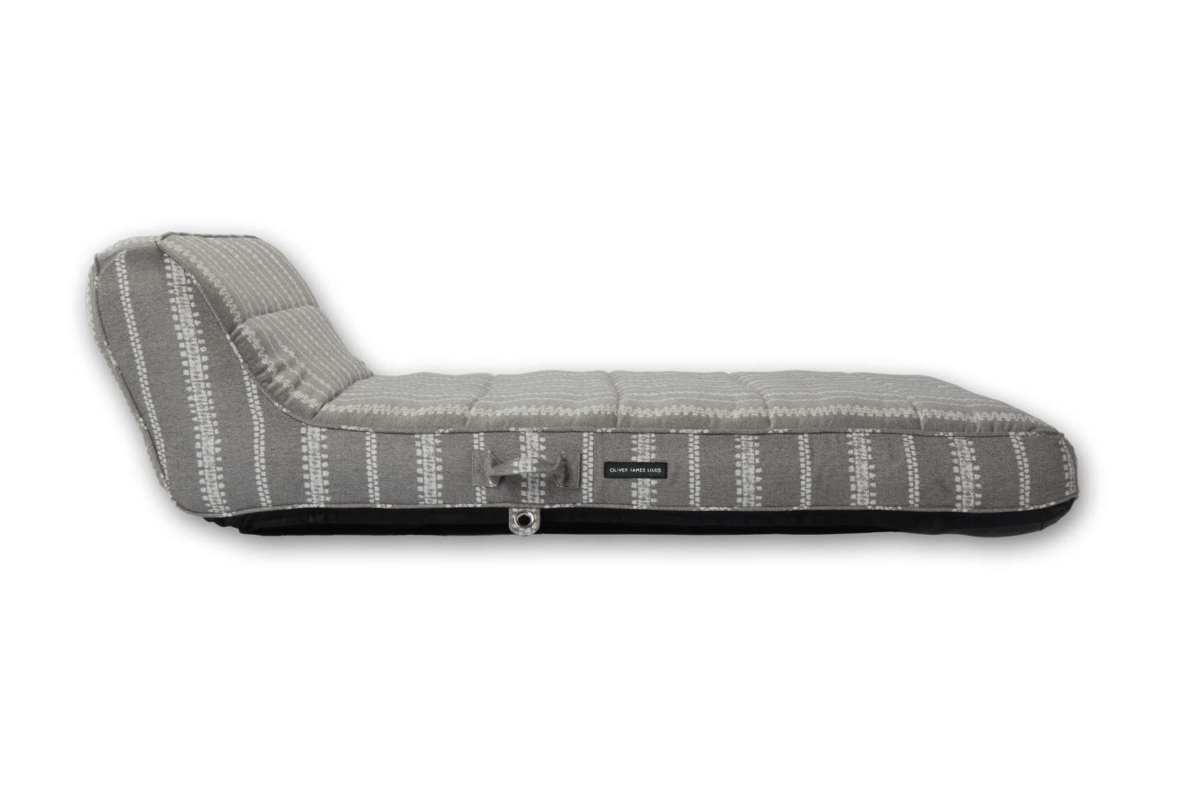 The side of a luxury pool float in grey and white striped fabric.