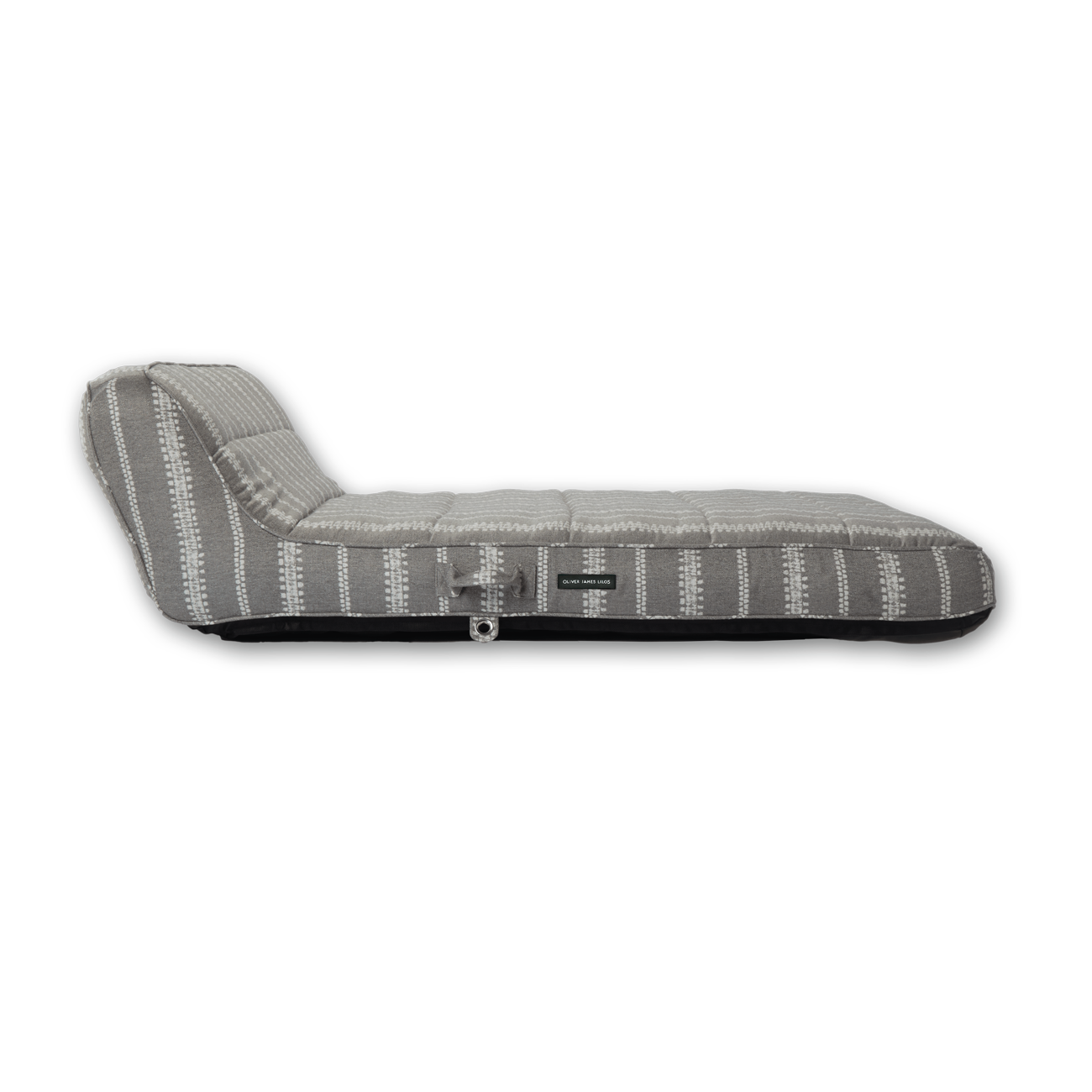 The side of a luxury pool float in grey and white striped fabric.