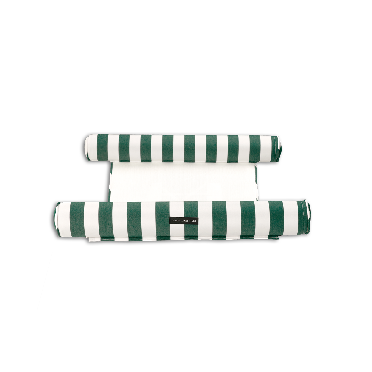A front angle of a beach float for adults in green and white striped luxury outdoor performance fabrics.