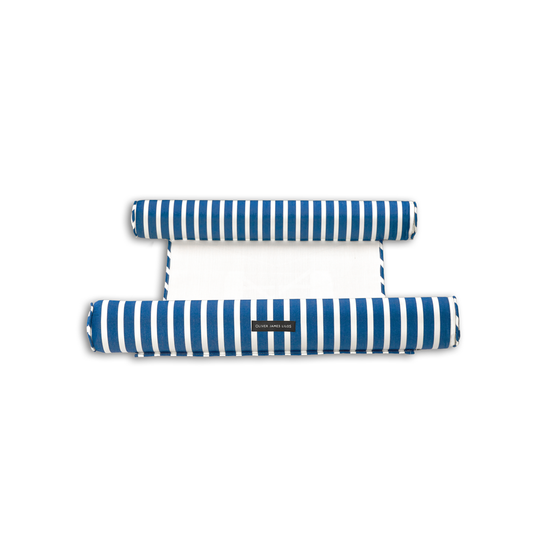 A front angle of a beach float for adults in blue and white striped luxury outdoor performance fabrics.