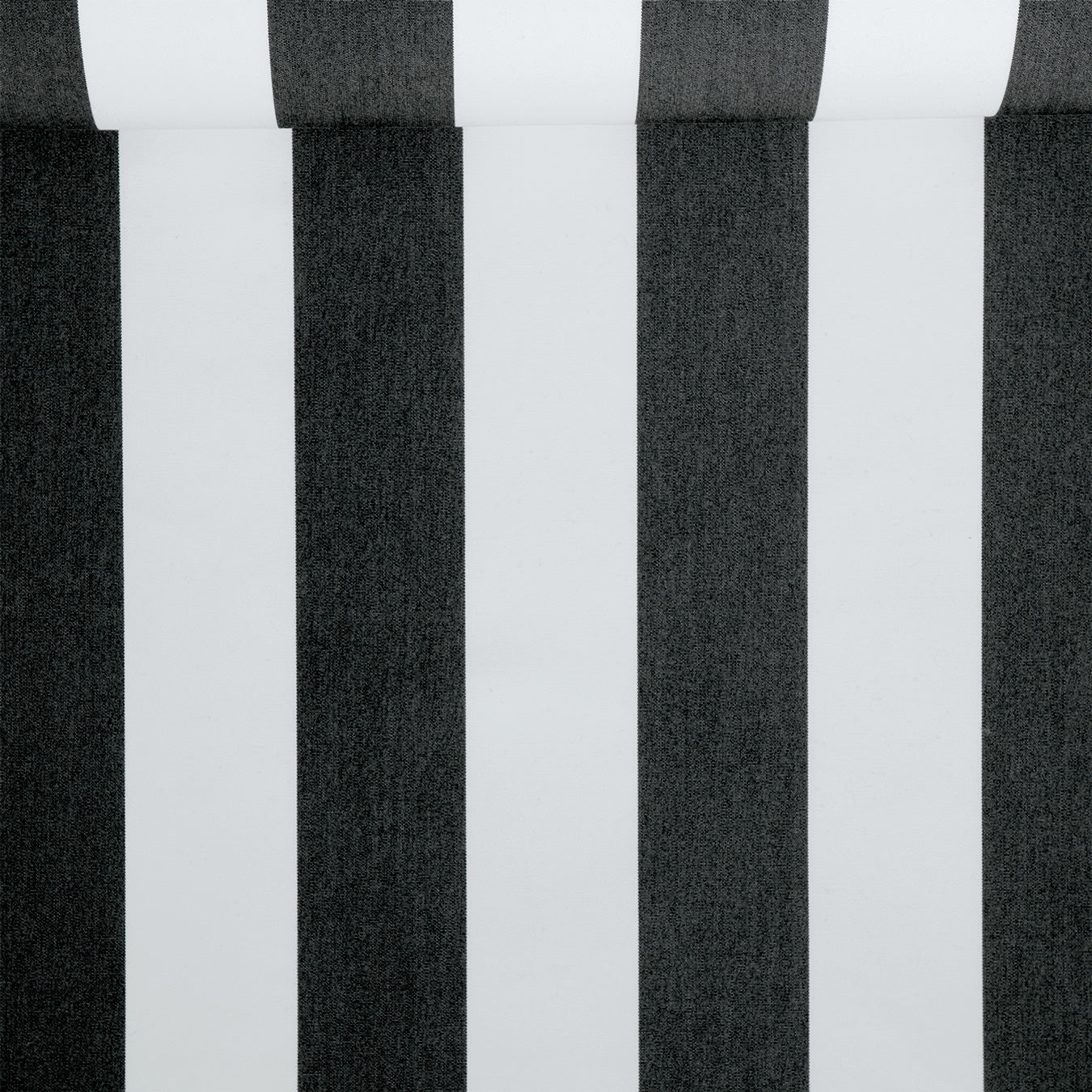 A birds eye view of a jacquard woven black and white striped pattern outdoor performance fabric roll. 