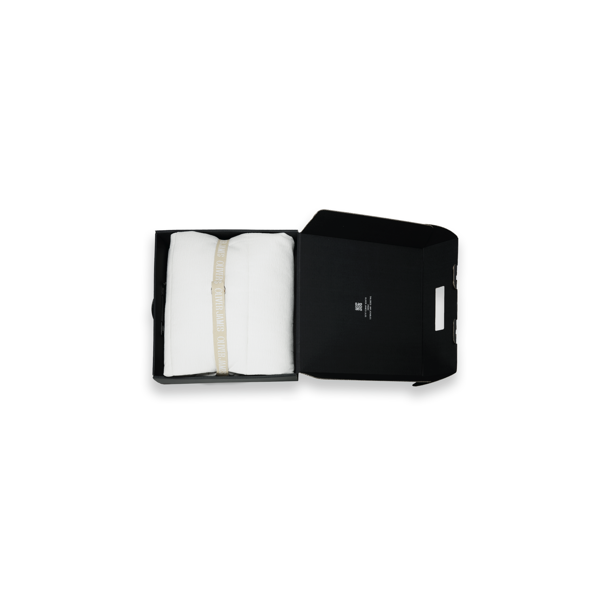 A double white terry toweled inflatable luxury pool float lounger cover folded in black box box with a belt, card and pump.