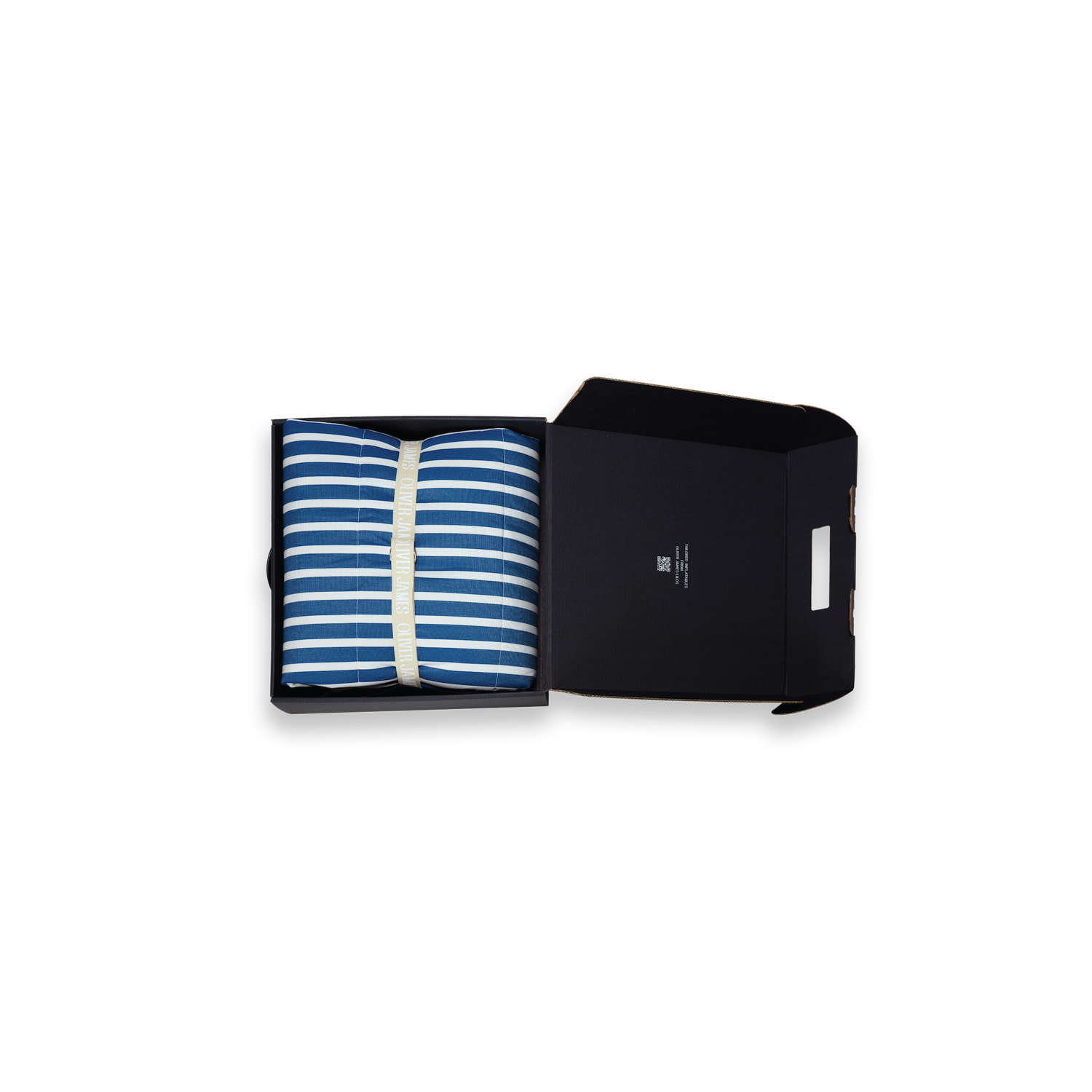A double white and blue stripe inflatable luxury pool float lounger cover folded in black box box with a belt, card and pump.