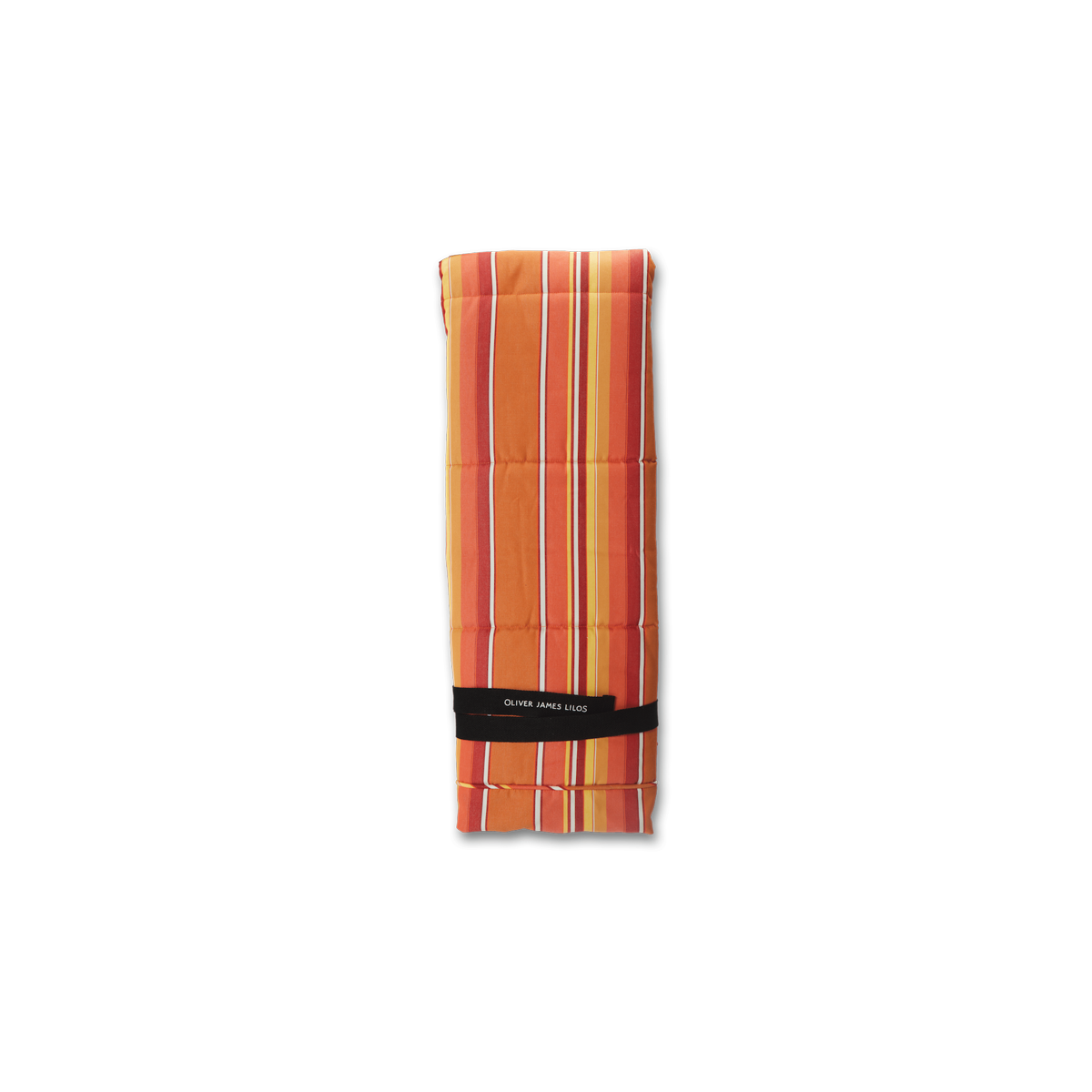 A front view of a luxury pool float hanging in a orange and white striped fabric.