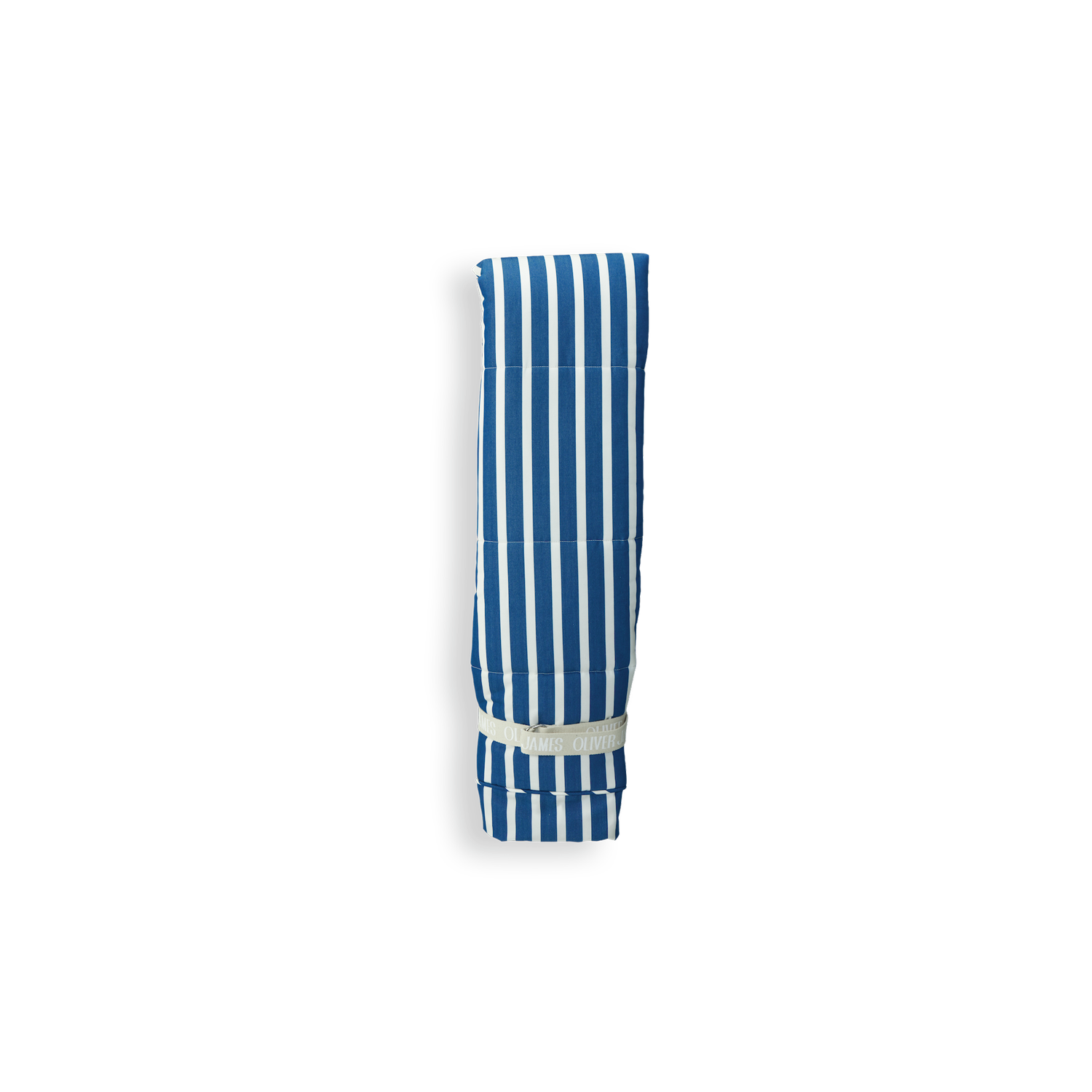 A front view of a luxury pool float hanging in a blue and white stripe colored fabric.