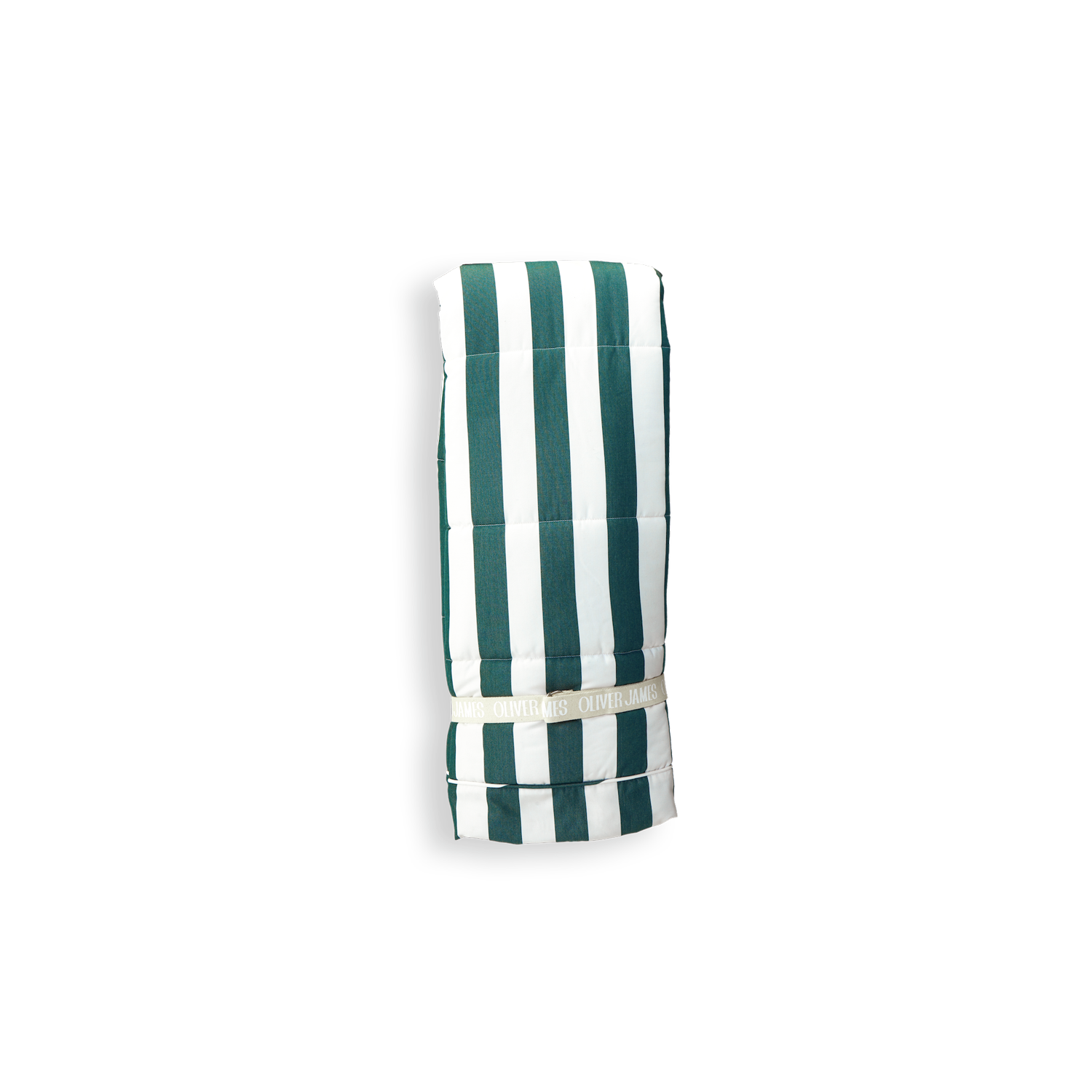 A front view of a luxury pool float hanging in a green and white stripe colored fabric.