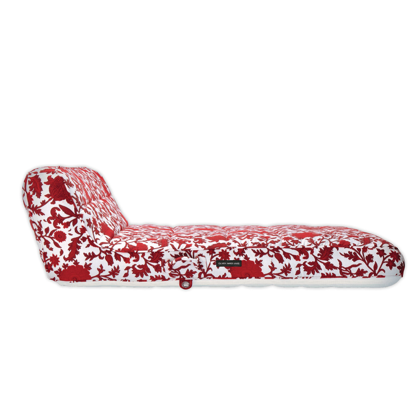 A cut-out image of a luxury pool float upholstered in red and white fabric.