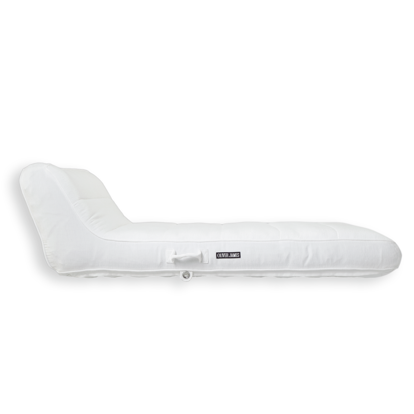 The side profile and backrest angle of a white terry toweled luxury pool float.