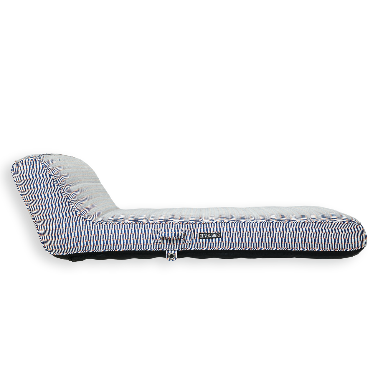 The side profile and backrest angle of a double red, white and orange luxury pool float.