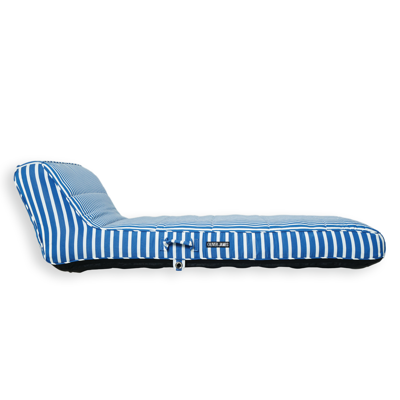 The side profile and backrest angle of a double blue and white stripe luxury pool float.