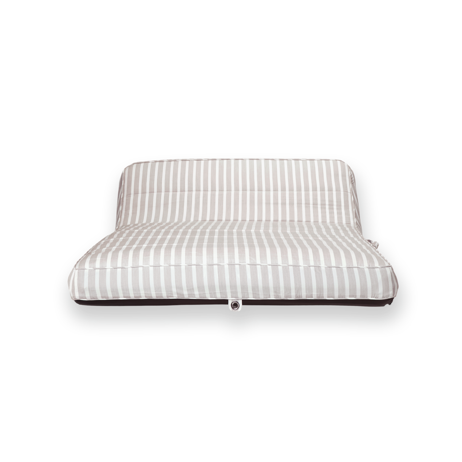 The front profile of a double beige and white striped luxury pool float.