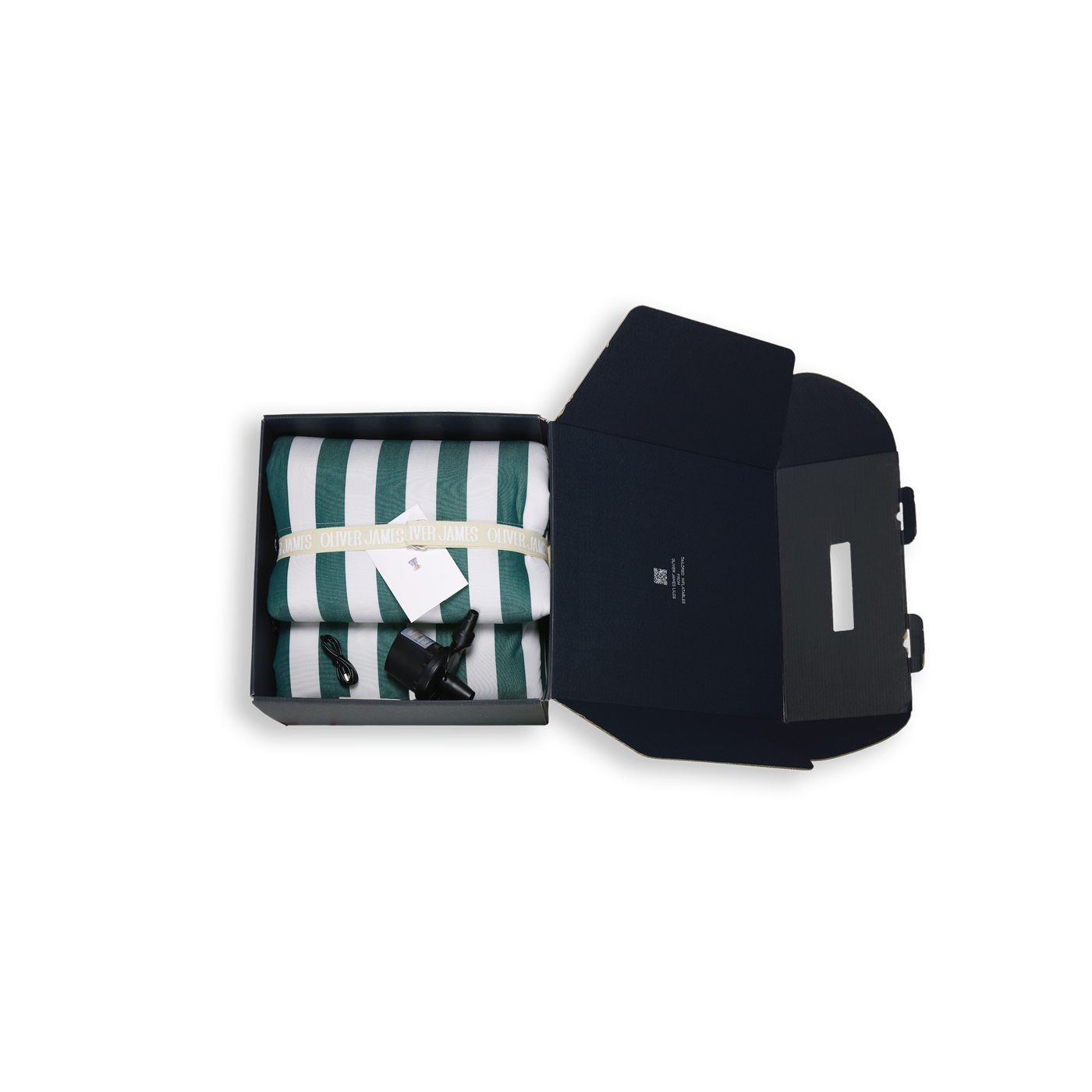 A double green and white stripe inflatable luxury pool float lounger folded in black box box with a belt, card and pump.