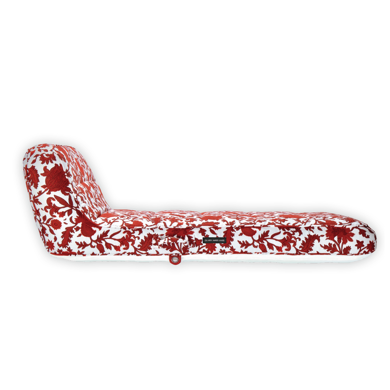 A cut-out image of a luxury pool float upholstered in red and white fabric.