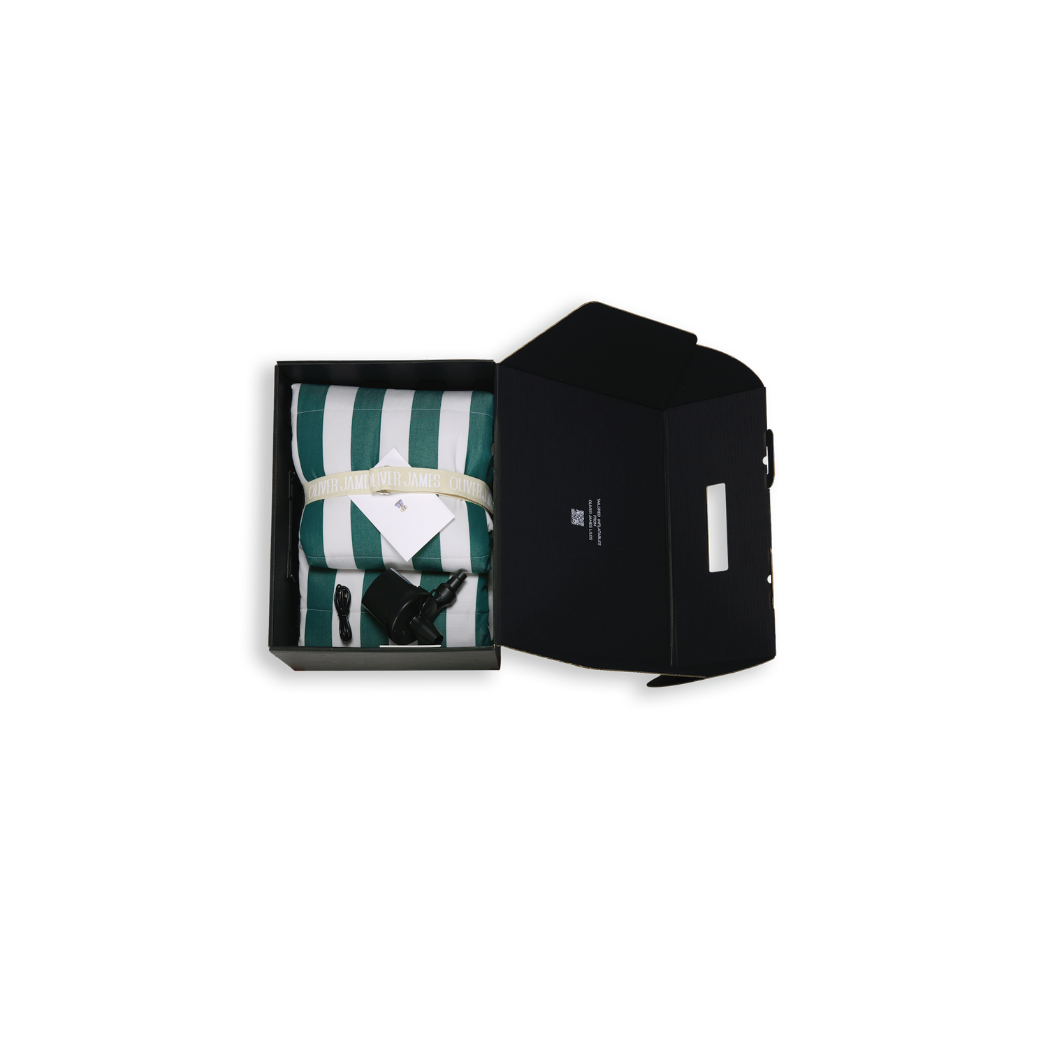 A single green and white stripe inflatable luxury pool float lounger folded in black box box with a belt, card and pump.