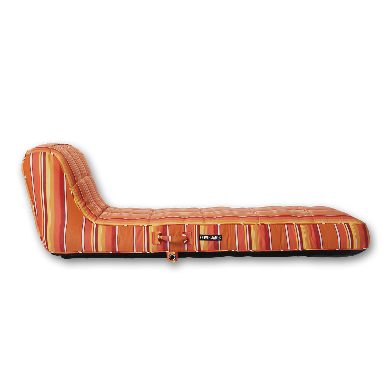 The side profile and backrest angle of a single orange and white striped luxury pool float.
