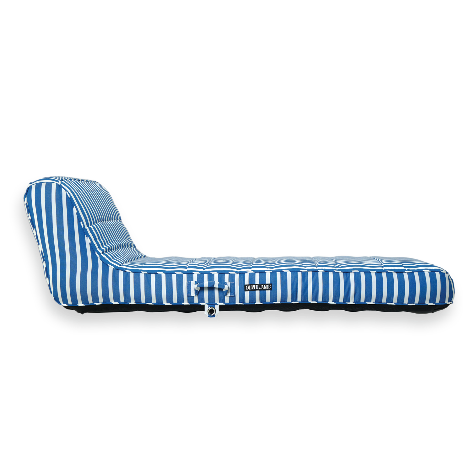 The side profile and backrest angle of a single blue and white stripe luxury pool float.