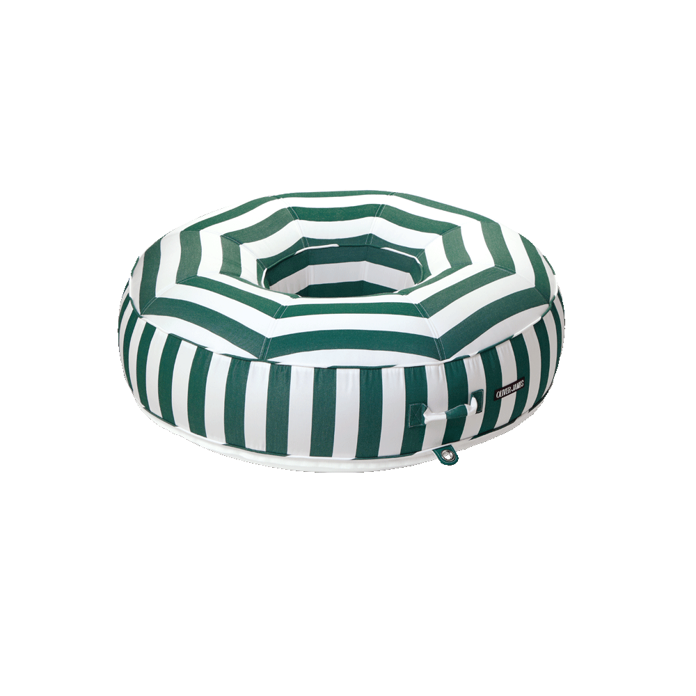 A angled front view of a green and white striped ring luxury pool floats.