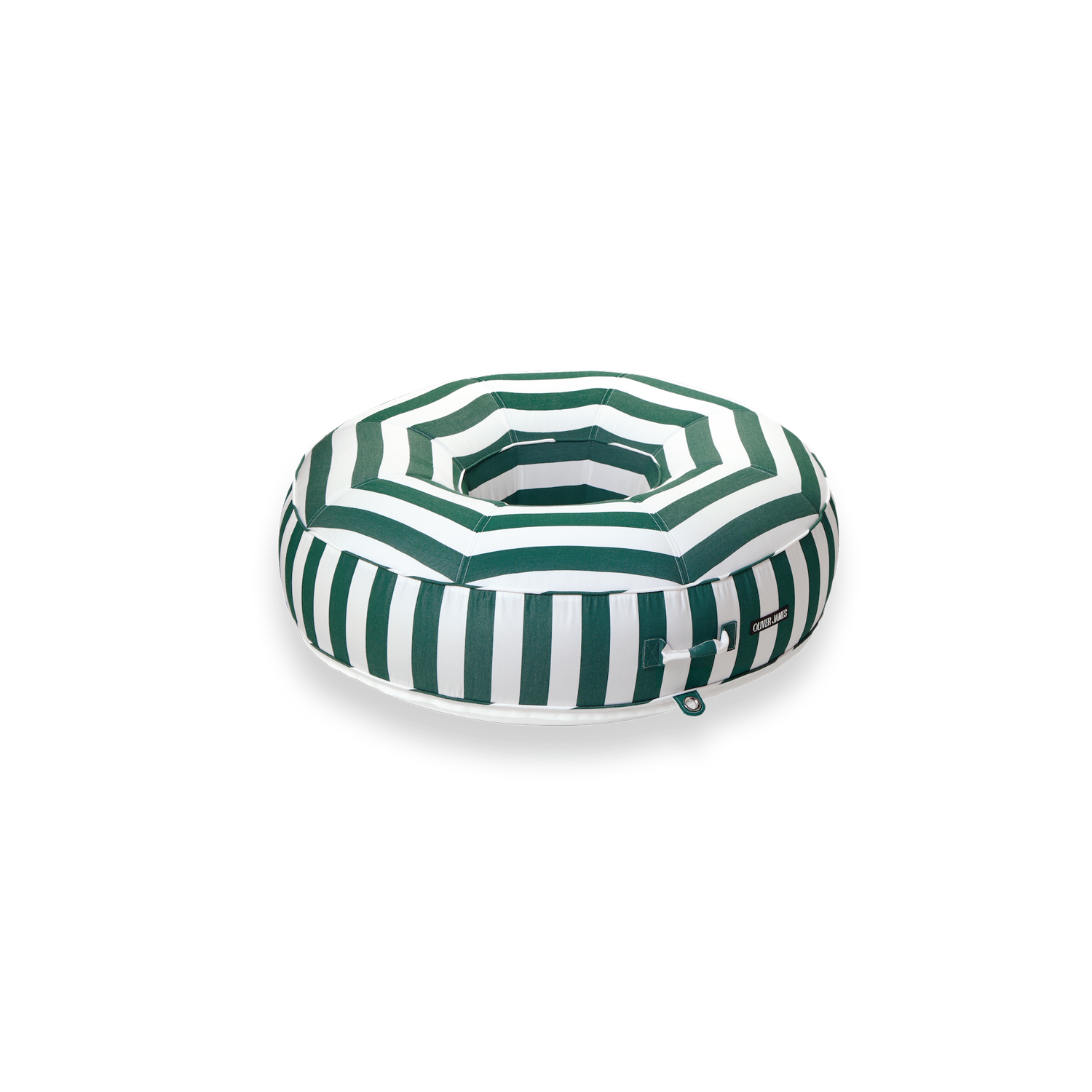 A angled front view of a green and white striped ring luxury pool floats.