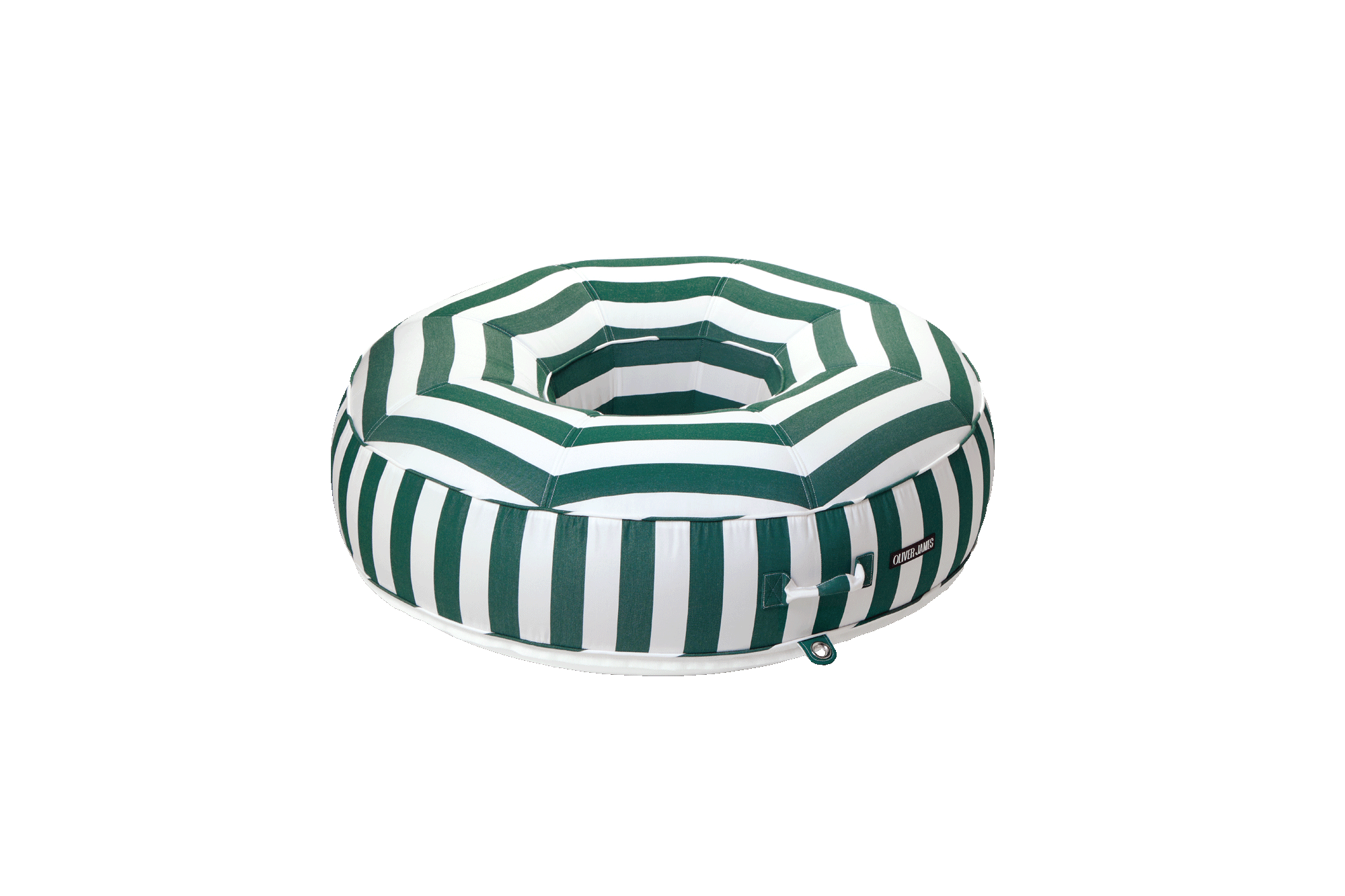 A angled front view of a green and white striped ring luxury pool floats.